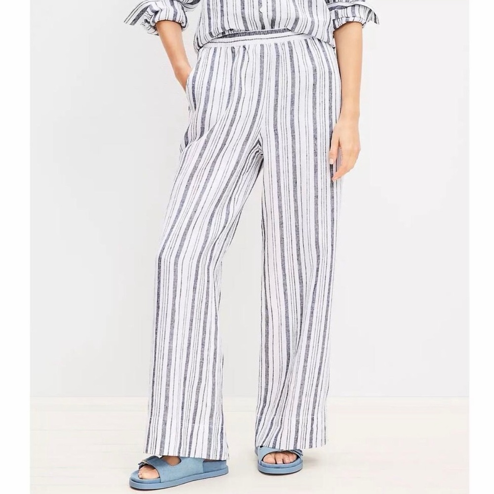 LOFT Wide Leg Pull-on Striped Linen Pants